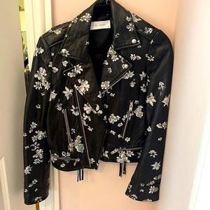IRO black leather jacket with delicately painted flowers